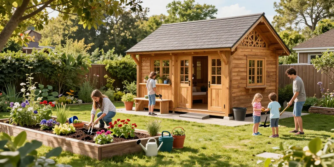 Garten Haus ist der Mittelpunkt eines malerischen Gartens mit einer glücklichen Familie, die Blumen pflanzt.