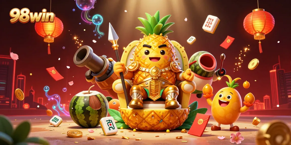 Experience the excitement of 98win with a vibrant casino scene featuring a pineapple king, playful characters, and festive game elements.