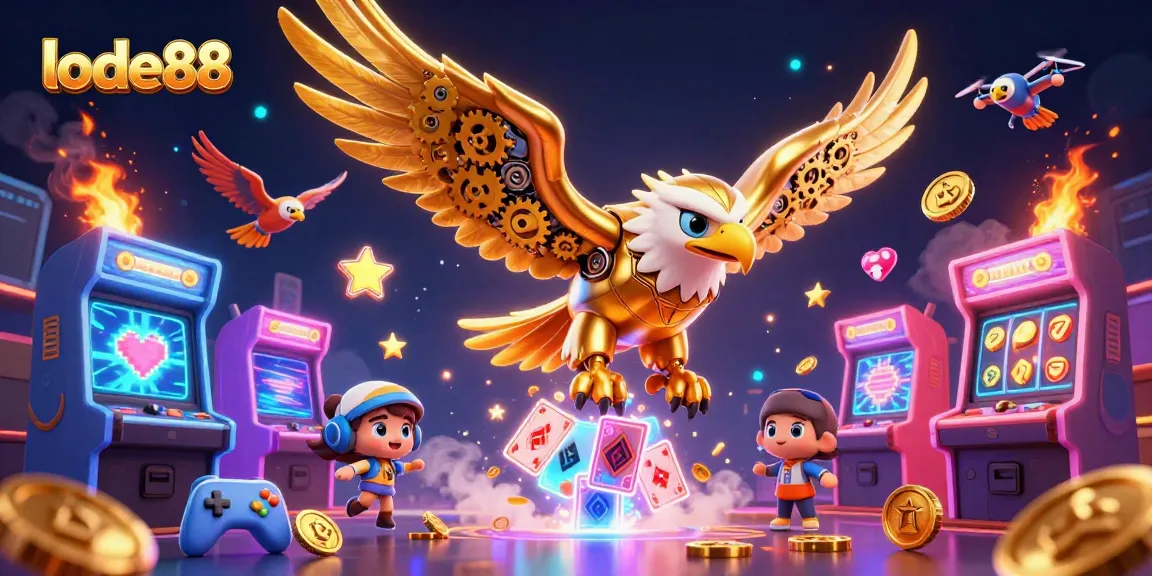 Experience the thrill of lode88 as the golden eagle navigates holographic card streams in a vibrant casino.