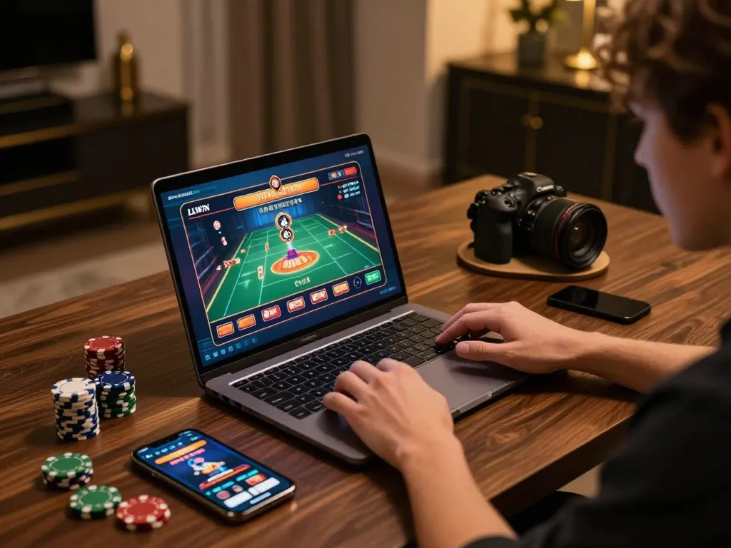 Engaging in LLWIN Download for online gaming with a cozy setup and poker chips.