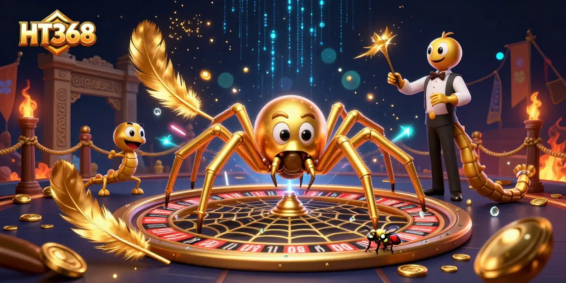 Experience thrilling bets at HT368 with a golden roulette wheel and animated characters.