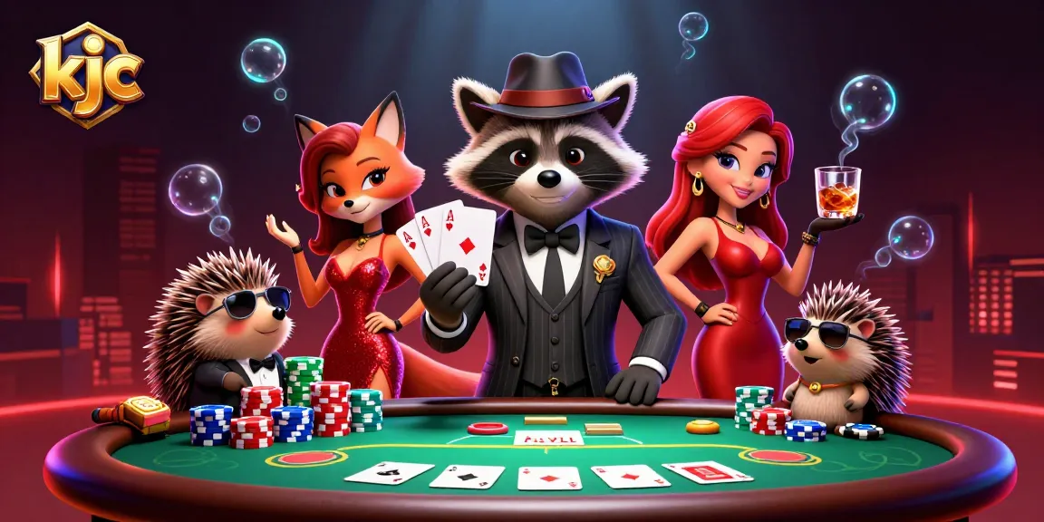 Experience the thrill of KJC gaming with a suave raccoon and charming companions at a vibrant poker scene.