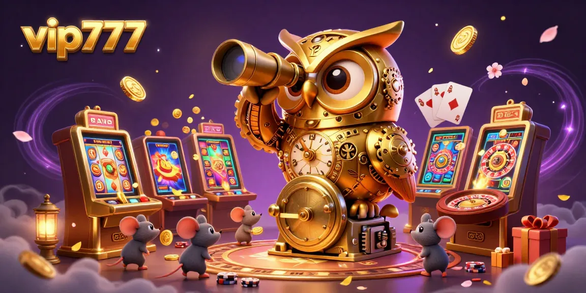 Experience thrilling gaming action with vip777 featuring a golden owl, vibrant slots, and dynamic casino elements.