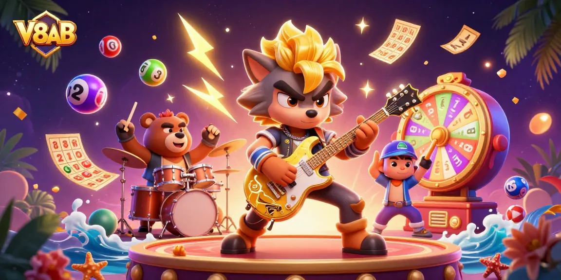 Experience V8AB casino excitement with dynamic cartoon characters and vibrant winning elements in 3D.
