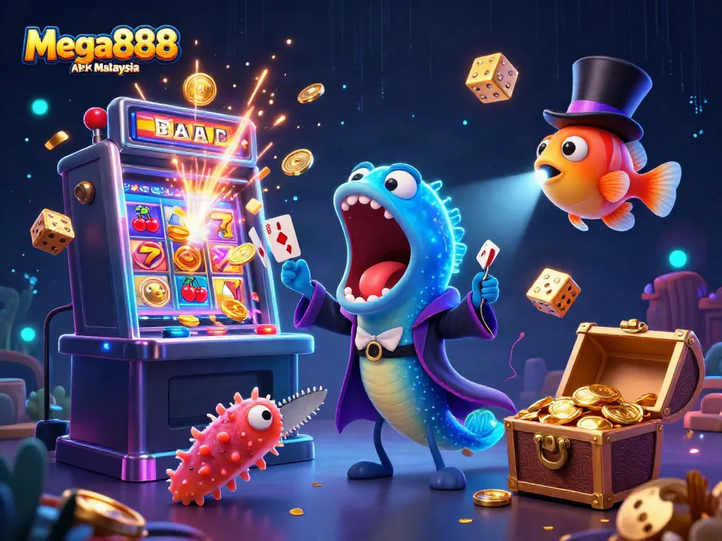 Mega888 APK Malaysia illustration with unique sea creatures performing magic tricks, surrounded by casino elements.