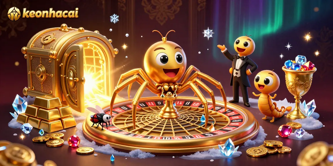 Engage in thrilling bets at keonhacai with a golden spider and centipede croupier amidst treasure.