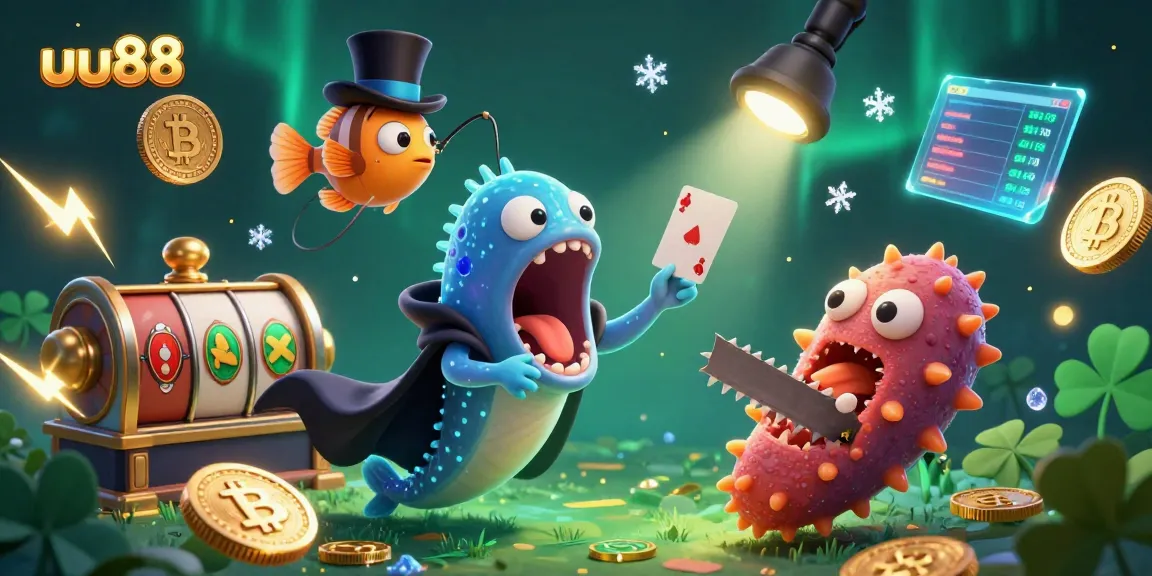 uu88 casino scene featuring deep-sea creatures performing magic tricks among slot reels and crypto coins