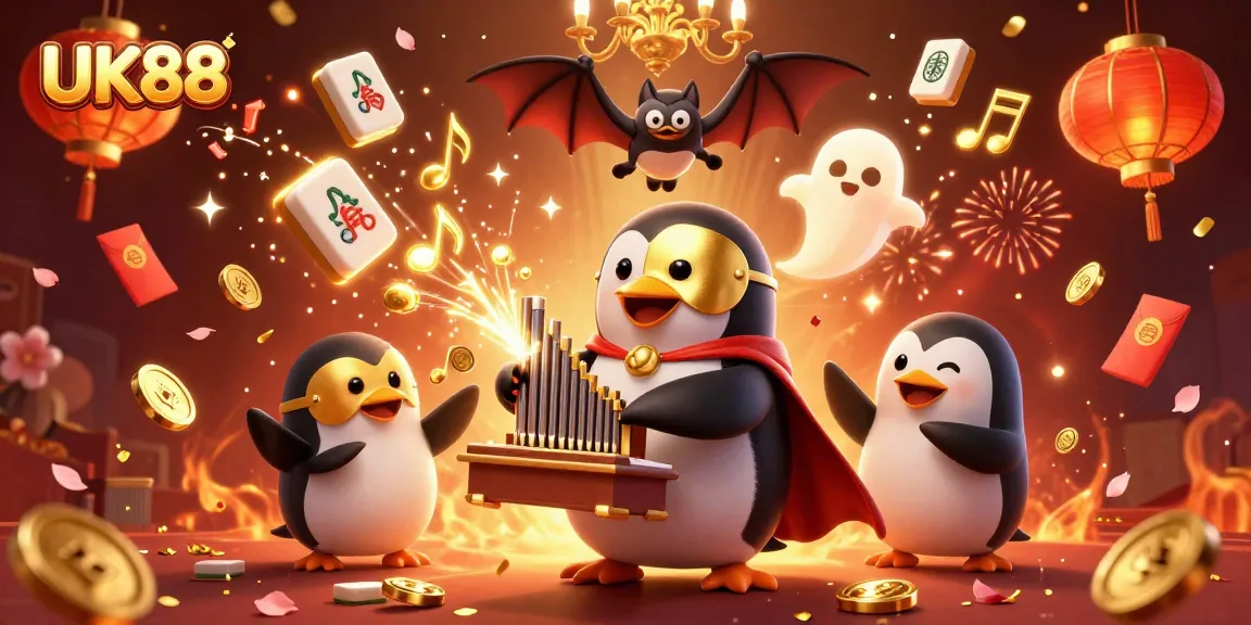 Experience the thrilling world of UK88 with a dynamic 3D illustration of a cartoon penguin and casino elements.