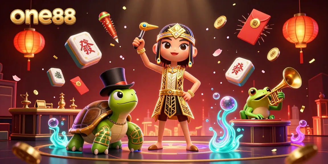 Engage with one88's vibrant casino scene featuring a trumpet-playing frog, a top-hat turtle, and a colorful crane surrounded by festive gaming elements.