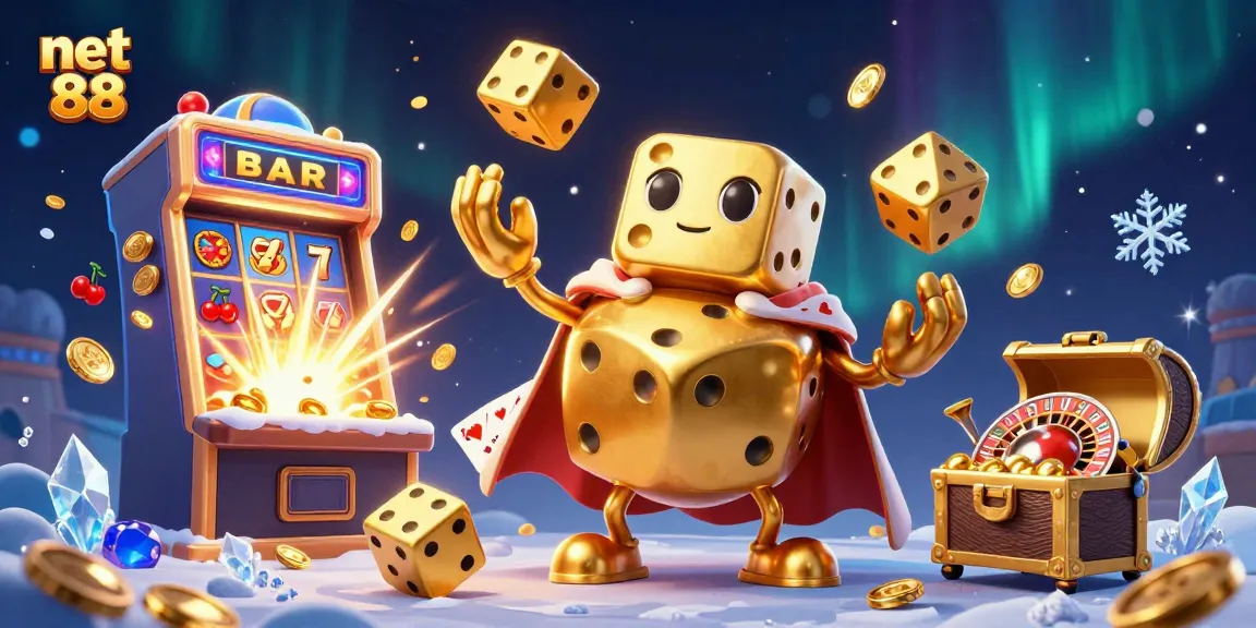 Experience the excitement of net 88 with a golden dice golem amidst jackpot symbols and gameplay elements.