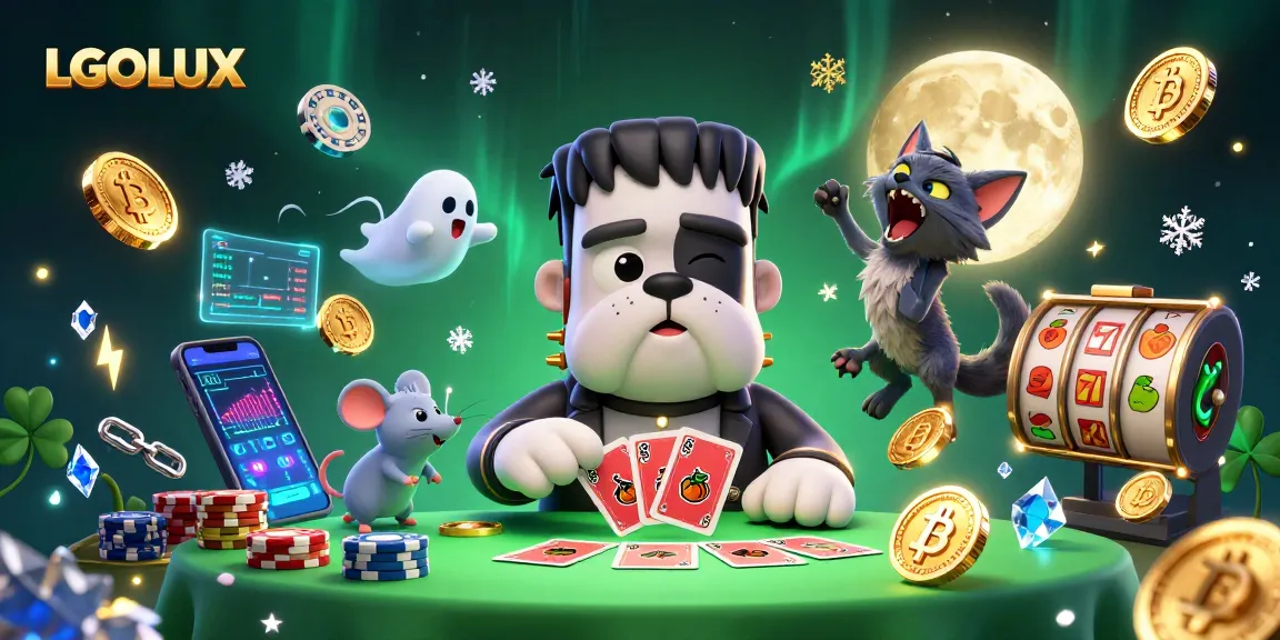 Engage with LGOLUX's vibrant 3D casino scene featuring a Frankenstein bulldog and glowing crypto elements.