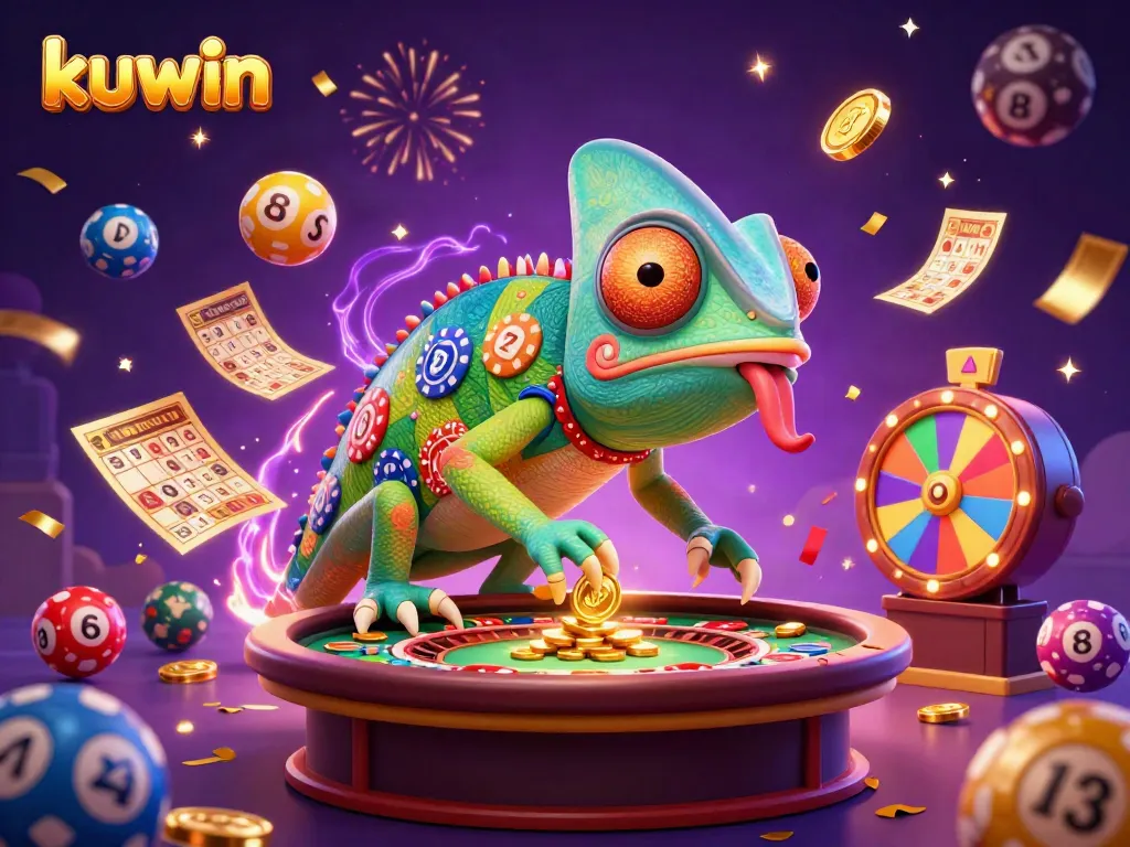 Kuwin captures excitement with a vibrant chameleon casino owner managing games and golden coins.