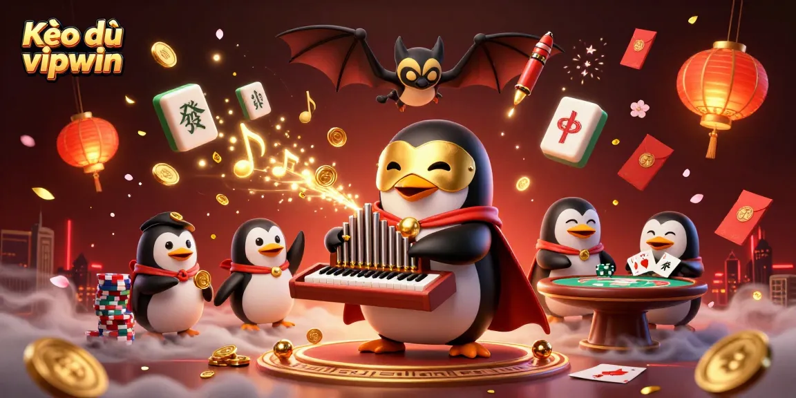 Kèo dụ vipwin showcases an animated scene with a penguin playing organ, coins flying in a vibrant casino.