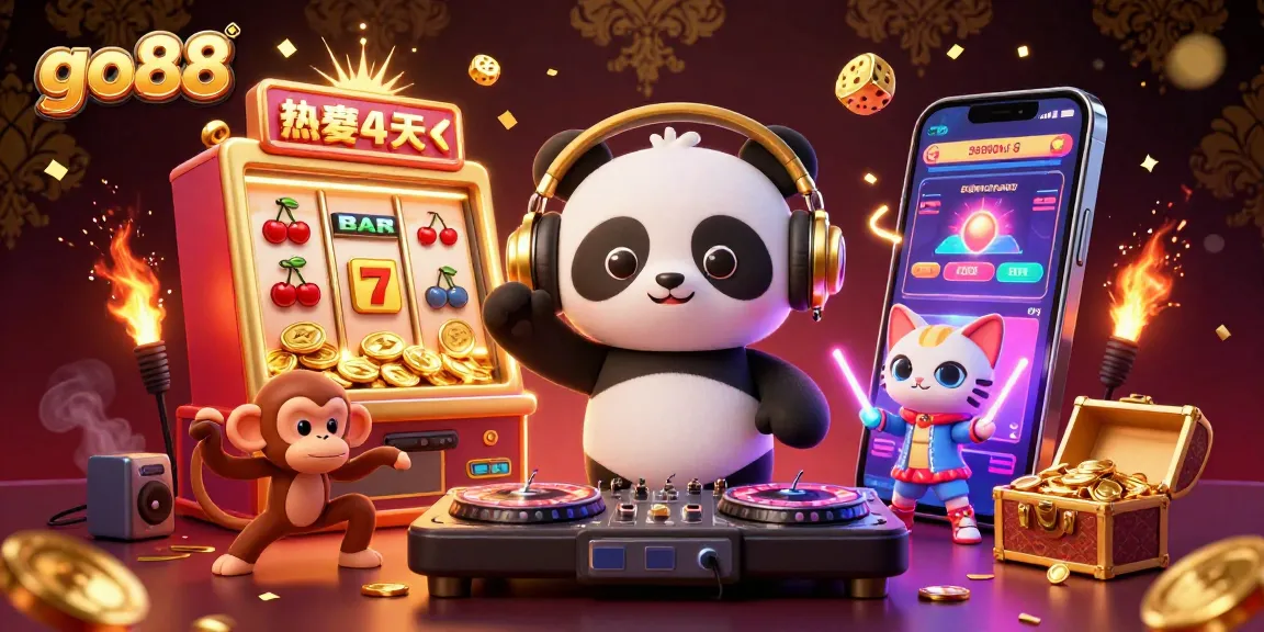 Experience the thrilling energy of go88 with a DJ panda and dynamic casino games illustrated in vibrant colors.