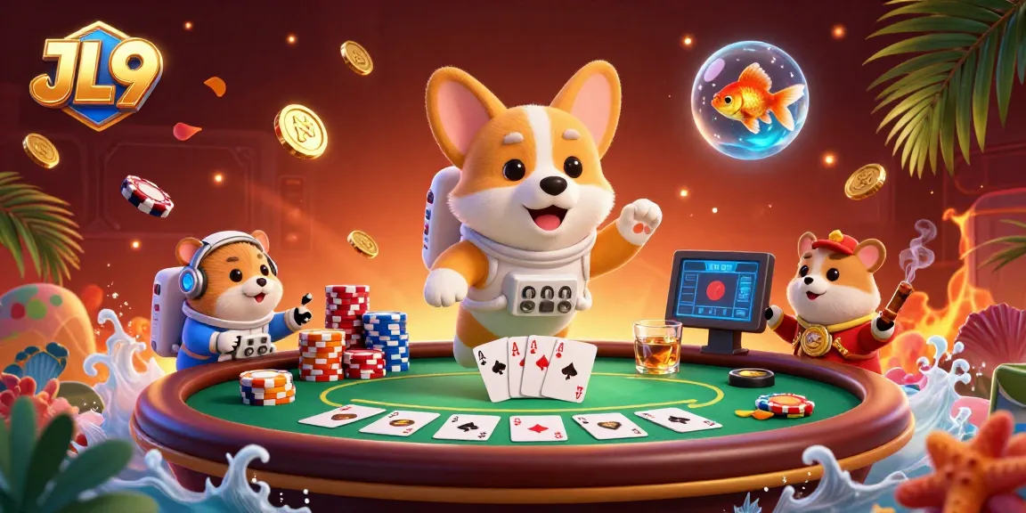 Experience the thrill of JL9 with a floating corgi astronaut amidst a vibrant casino scene.