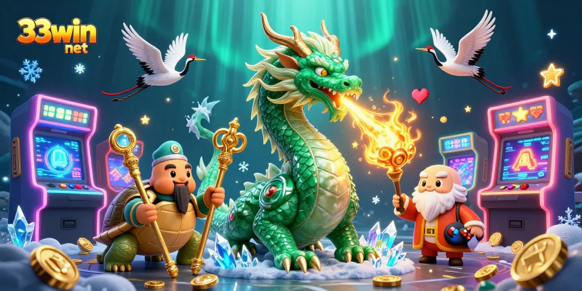 Experience excitement at 33win net with a vibrant casino-themed 3D digital illustration showcasing a jade dragon and gaming elements.
