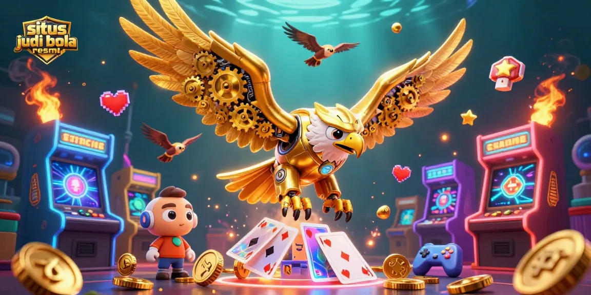 Experience situs judi bola resmi with dynamic 3D action featuring a cybernetic eagle amidst holographic cards.
