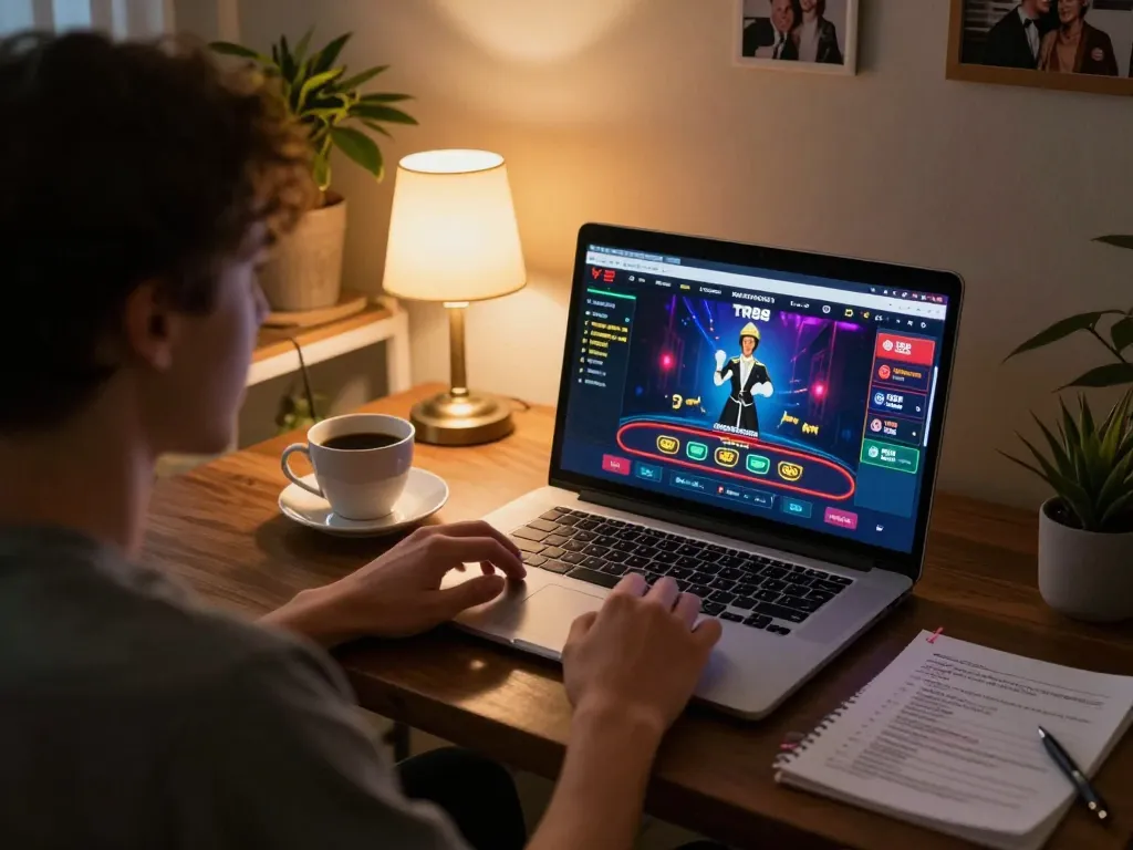 Engaging gameplay on TR88 online platform at home, showcasing modern gaming setup with live dealer interaction.