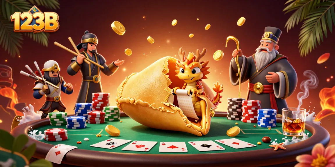 Play exciting games at 123B with the fortune cookie scene revealing treasures and poker action.
