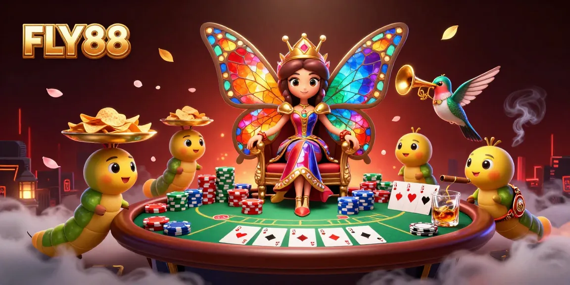 Experience the thrill of gambling at FLY88 with detailed casino elements and vibrant characters.