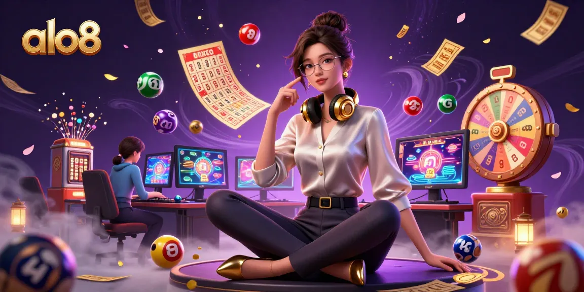 Experience betting excitement at ALO8 with vibrant lottery balls and casino games in a dynamic scene.