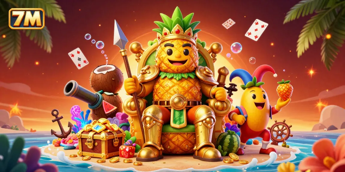 Experience the excitement of 7M's vibrant beach casino with golden treasures and playful characters.