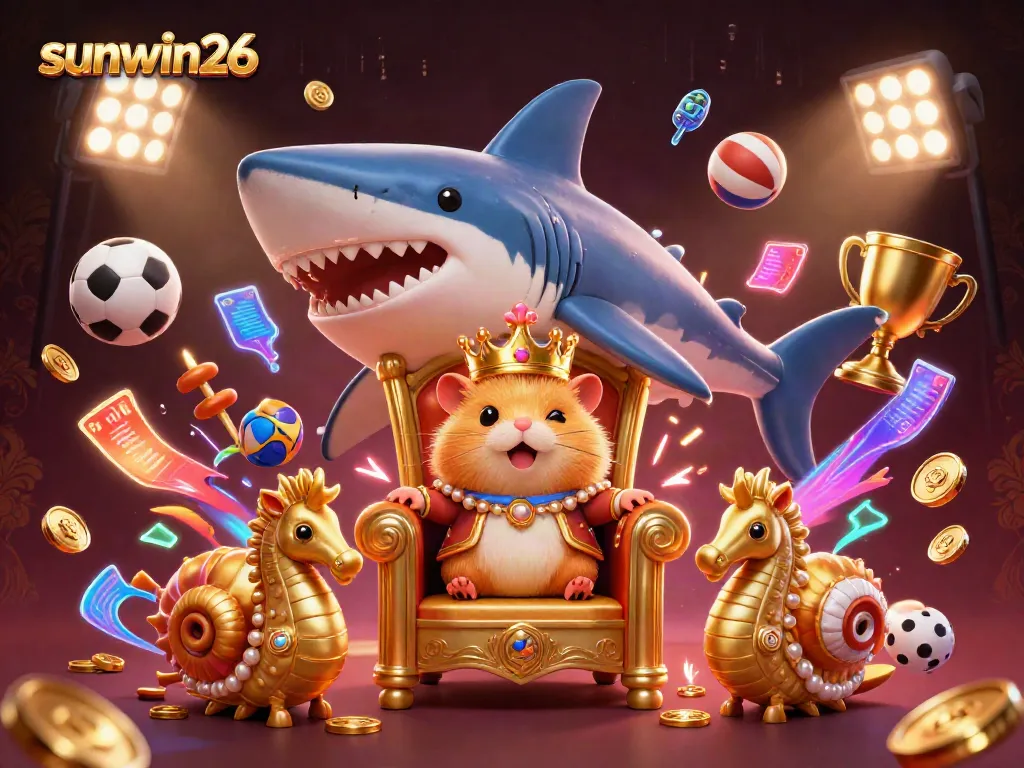 Experience thrilling online gaming with sunwin26 featuring a fierce hamster king amidst vibrant sports elements.