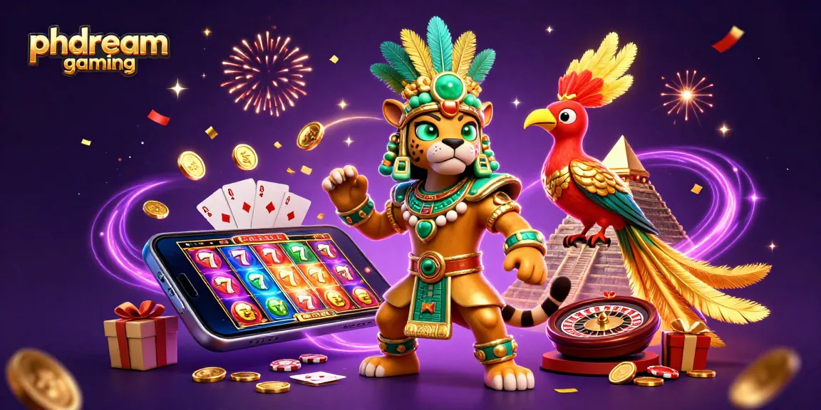 Win big at phdream gaming with vibrant 3D casino illustration featuring festive gaming elements.
