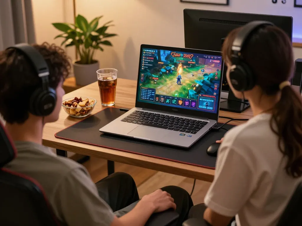 Playing an engaging game đổi thưởng on a laptop in a cozy home setting