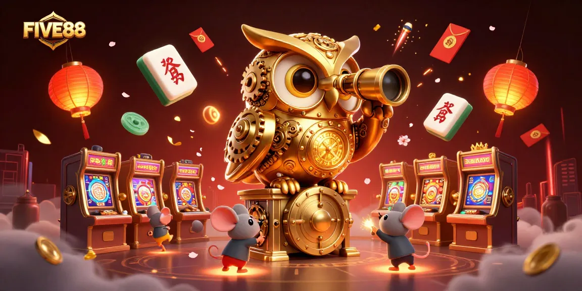 Engage in cinematic betting action at FIVE88 with golden owl overseeing a vibrant casino scene.