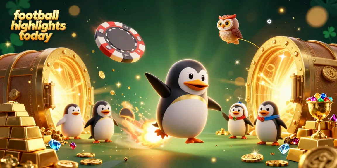 Bet on football highlights today with an exciting illustration of a penguin in space and golden treasures.