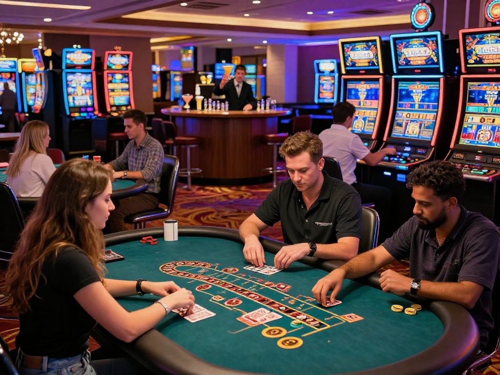 Un tavolo da gioco di casino non aams con diversi giocatori coinvolti in scommesse e strategie, immersi in un'atmosfera vivace.