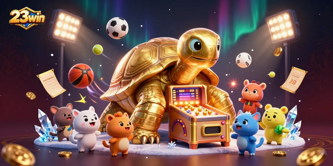 Experience exciting wins at 23win with vibrant casino games, golden trophies, and dynamic sports elements.