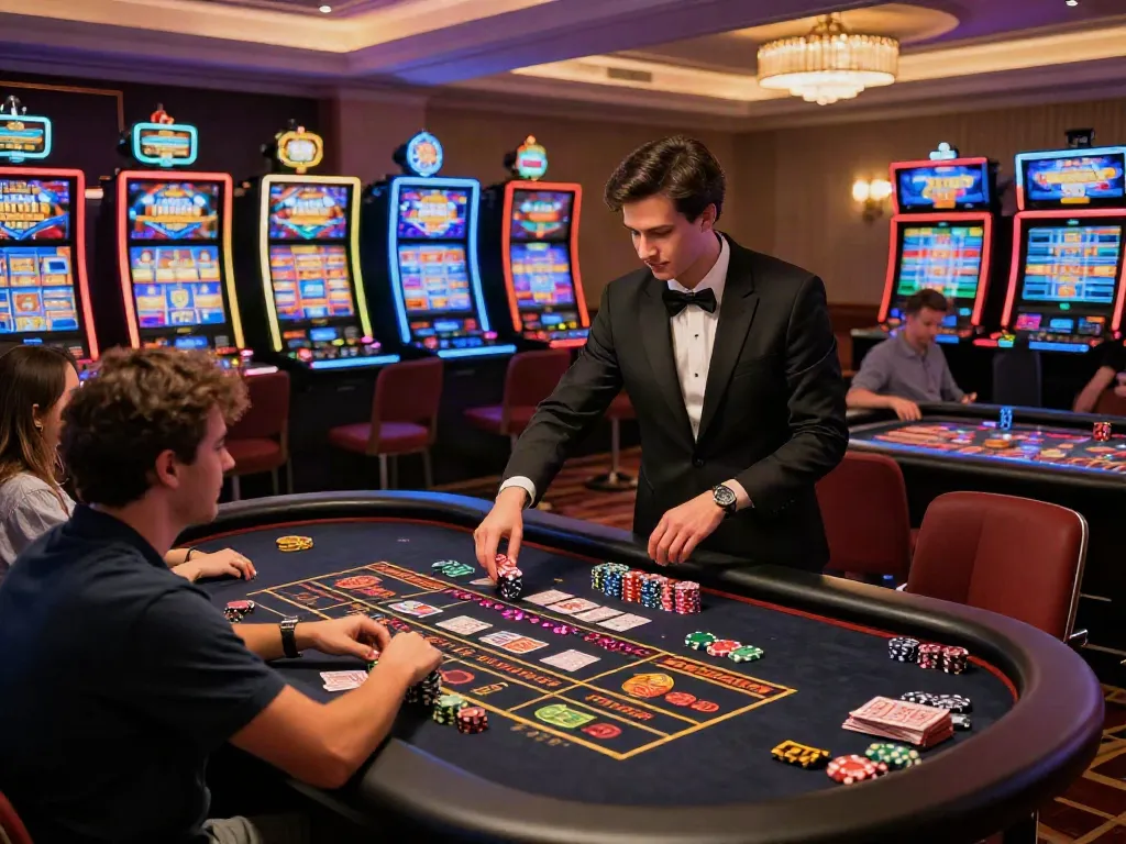 Exciting scene showcasing Casinos Sans depots with players enjoying games and a lively dealer.