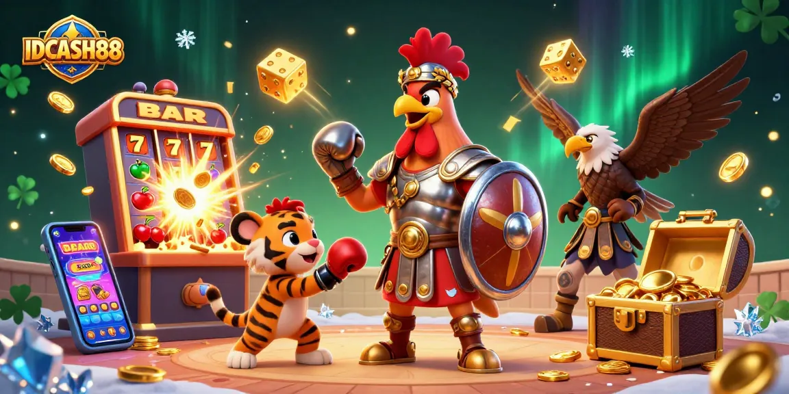 Experience IDCASH88 with vibrant casino scenes filled with excitement, symbols, and winnings.