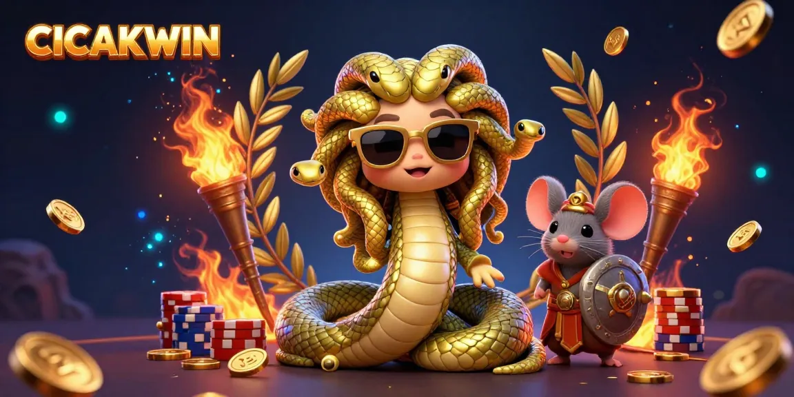 CICAKWIN illustrates a lively casino scene with Medusa and a warrior mouse amid golden tokens and ember particles.