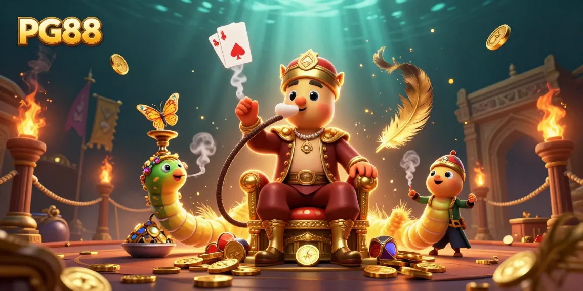 Experience the thrilling action of PG88 as the hookah-master caterpillar exudes poker charm in a dazzling casino scene.