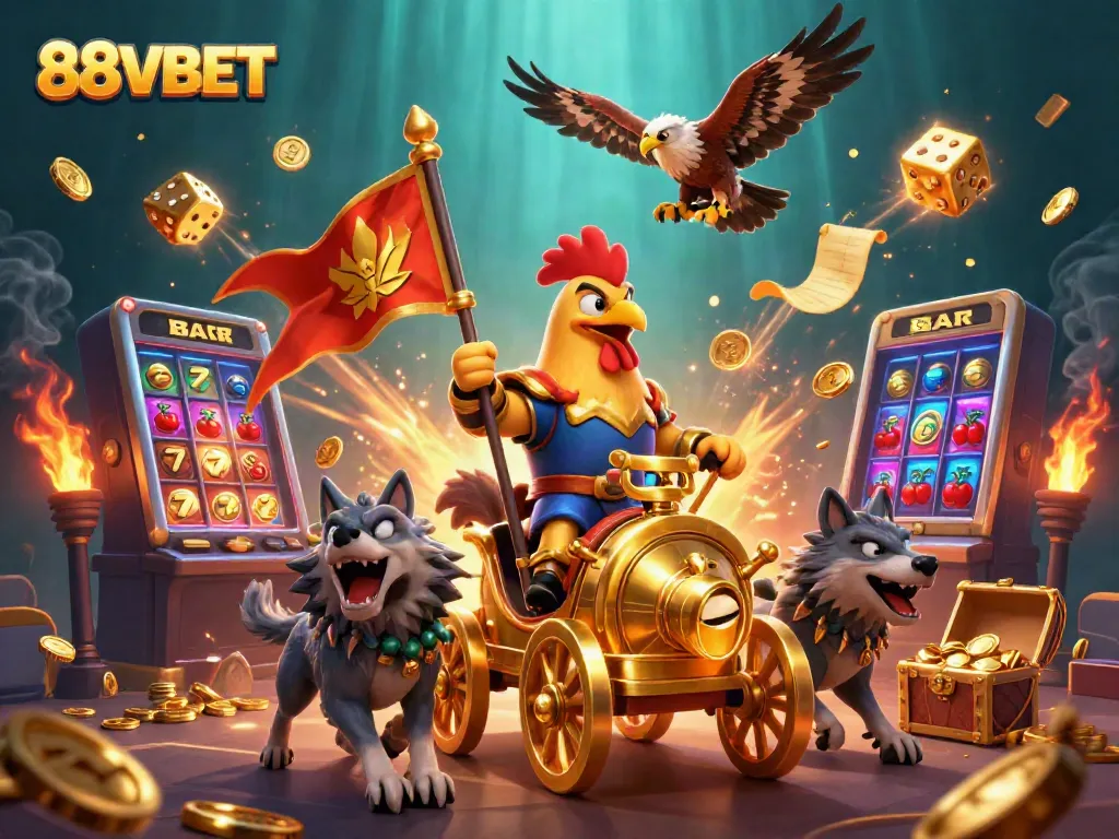 Experience excitement at 88VBET with a dynamic illustration featuring a rooster warlord leading a golden chariot, amidst a jackpot eruption.