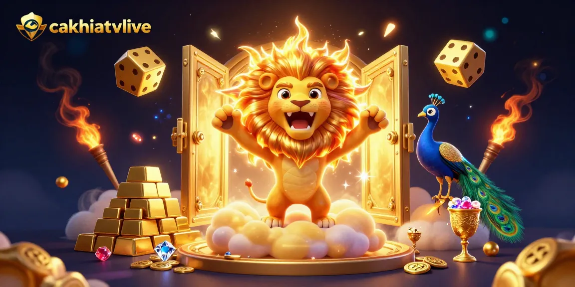 Cakhiatvlive showcases a dynamic casino scene with a roaring sun lion amidst golden treasures and vibrant motifs.