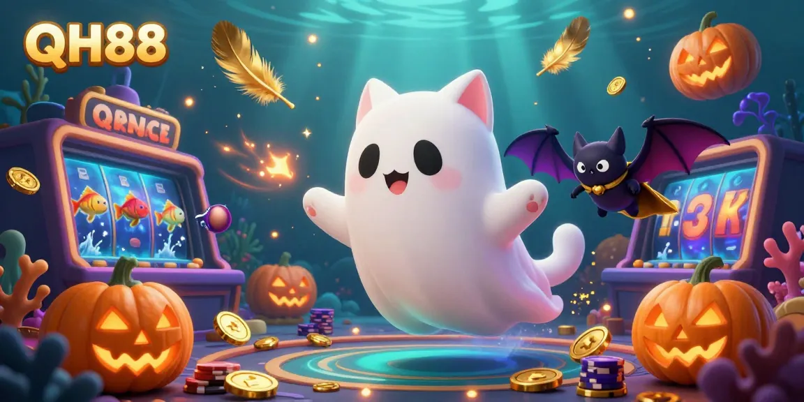 Experience QH88's thrilling fish shooting game with a ghost cat and vibrant casino elements.