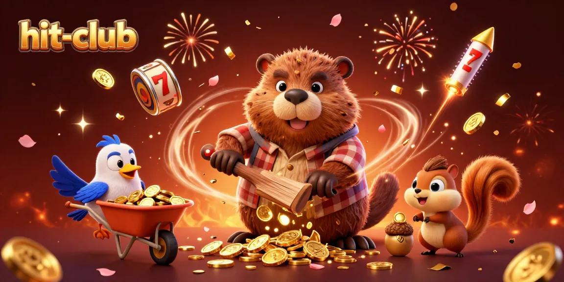 Experience thrilling wins at hit-club with golden coins raining down from playful characters in a casino setting.