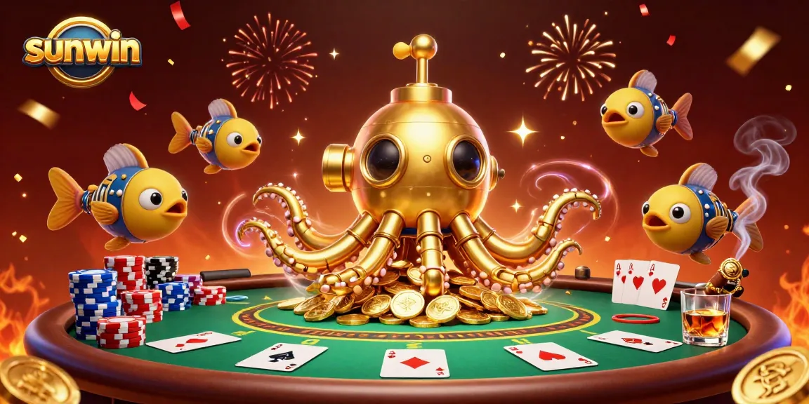 Experience thrilling gameplay at sunwin with a golden kraken submarine in action at a poker table.