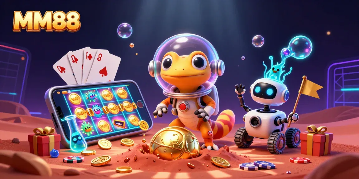 MM88 celebrates gameplay experiences with a 3D animated Martian gecko discovering a golden casino.