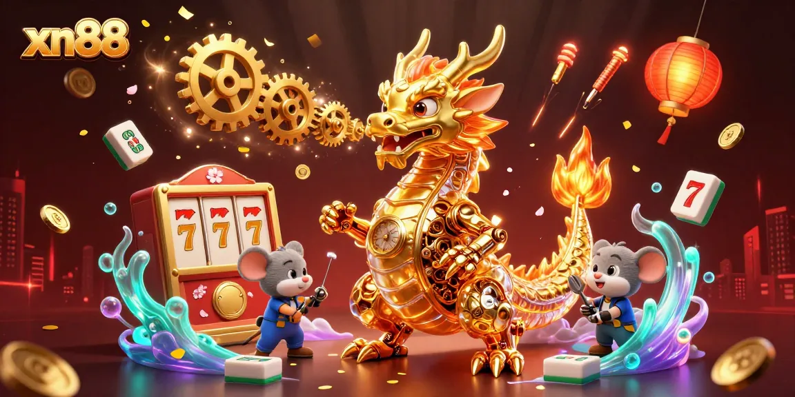 Spin the reels with xn88's vibrant 3D casino scene featuring a dragon and lucky symbols.