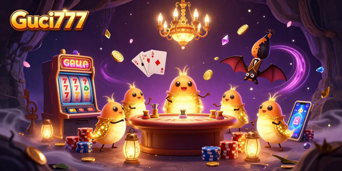 Guci777 menampilkan permainan slot online dengan karakter bercahaya menyinari kasino bawah tanah.