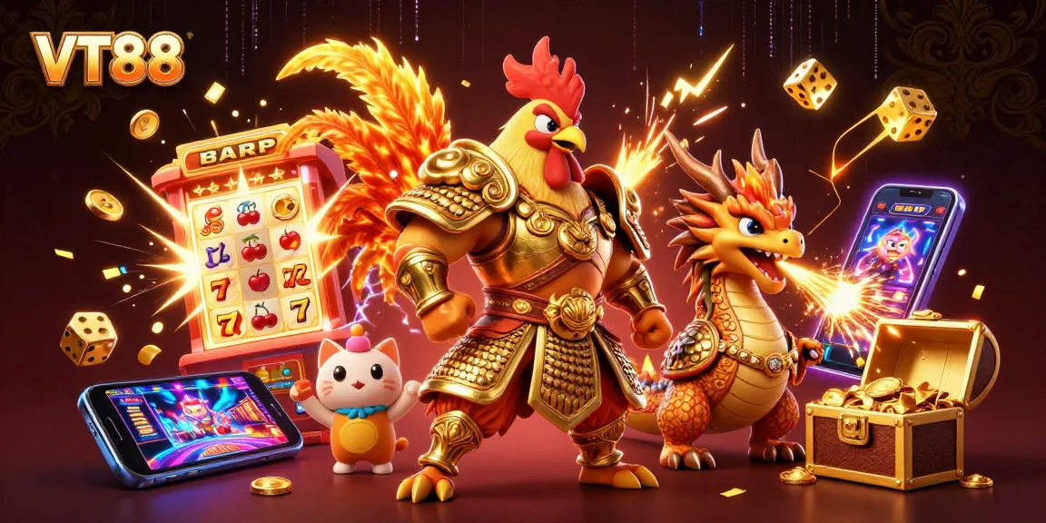 Experience thrilling gameplay with VT88's dynamic casino scene featuring classic symbols, vibrant colors, and elaborate characters.