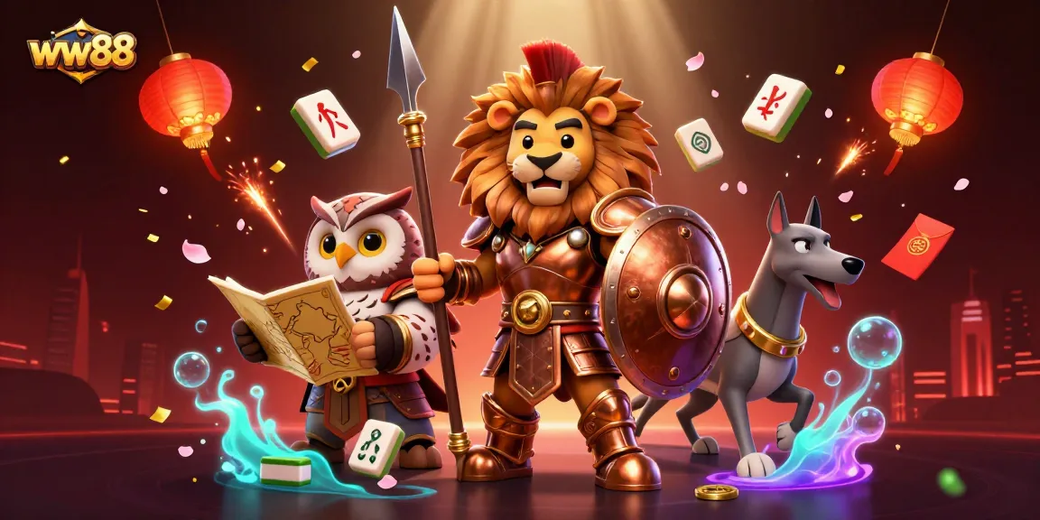 Engage in exciting gameplay with ww88, featuring a lion, owl, and greyhound amidst vibrant casino elements.
