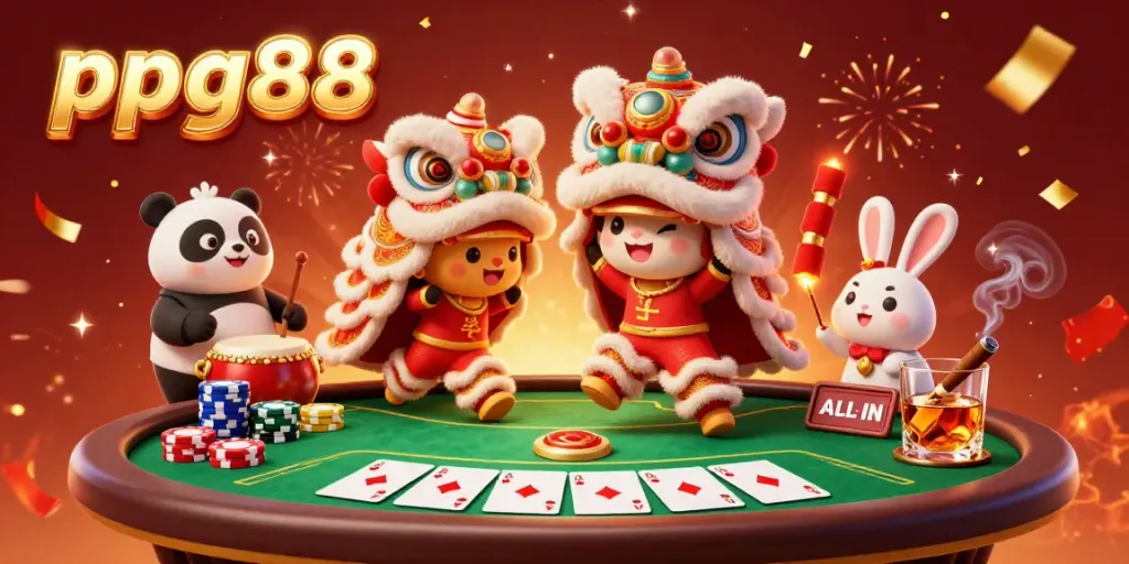 Witness the excitement of gambling with ppg88 in this vibrant lion dance scene filled with poker elements.