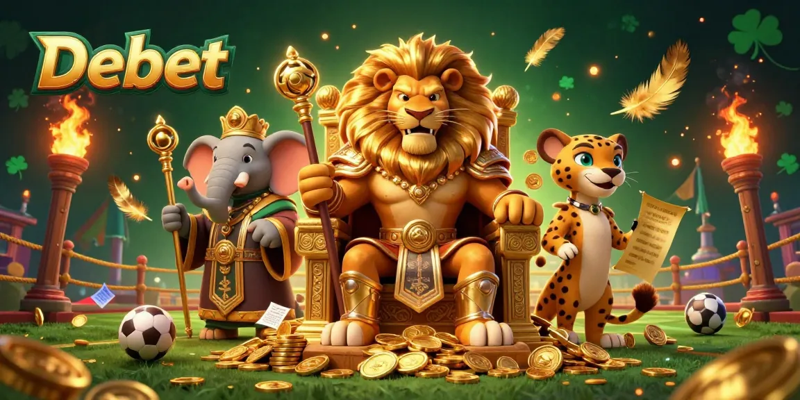 Experience the thrilling world of sports betting with Debet, featuring an engaging scene of a lion king on a gold throne.