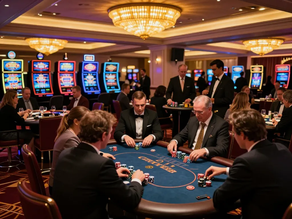 Players enjoying high-stakes poker at Fun88 casino, surrounded by vibrant slot machines and elegant decor.